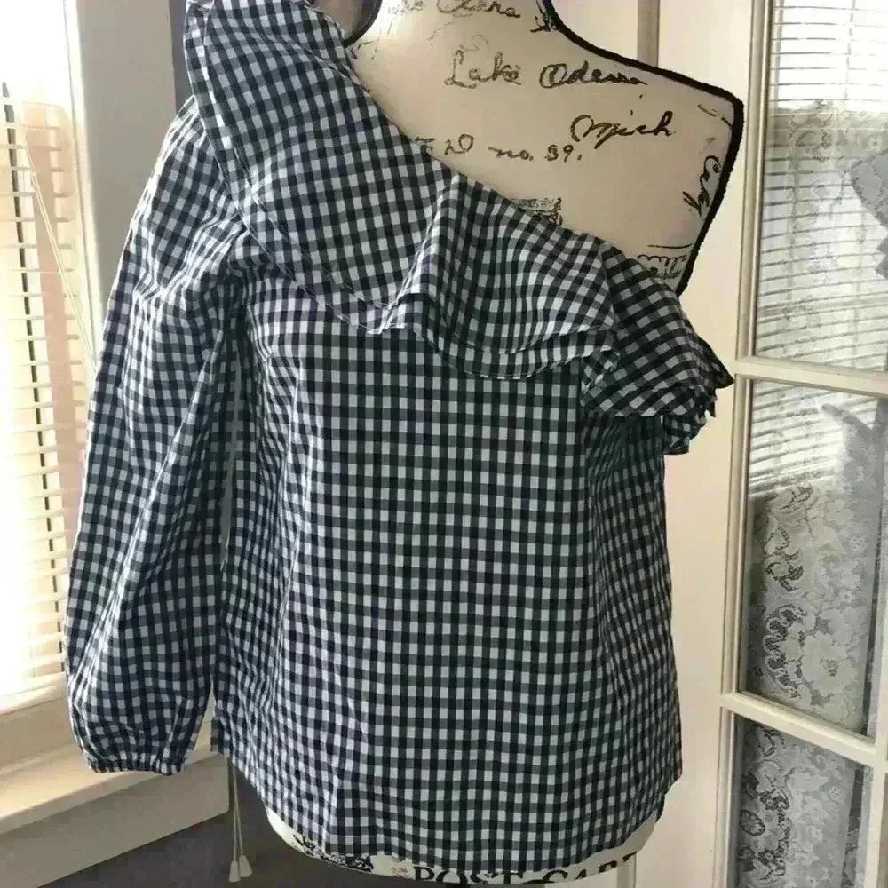 J Crew Long Sleeve, One Shoulder, Gingham Navy and White with Ruffle Shirt Sz4